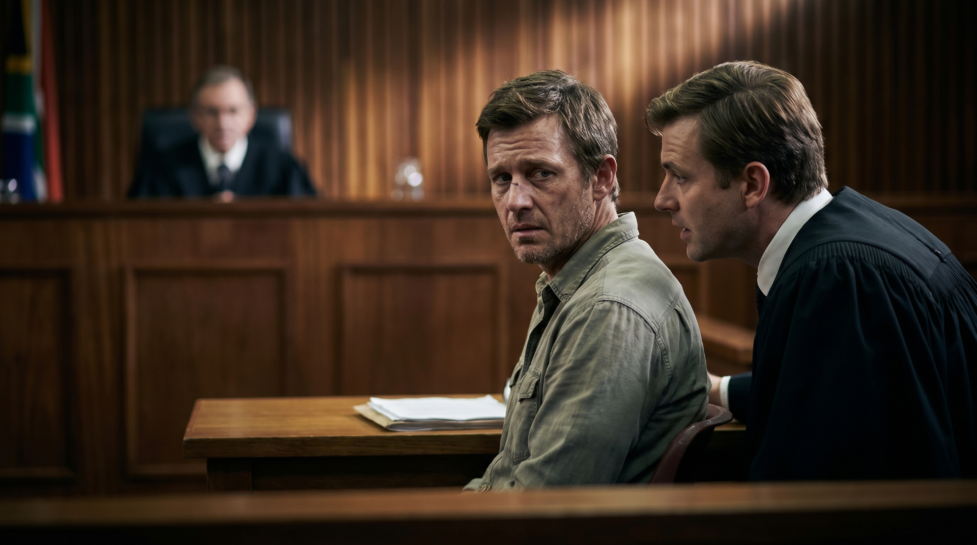 Man seated next to his attorney in a South African courtroom facing the judge