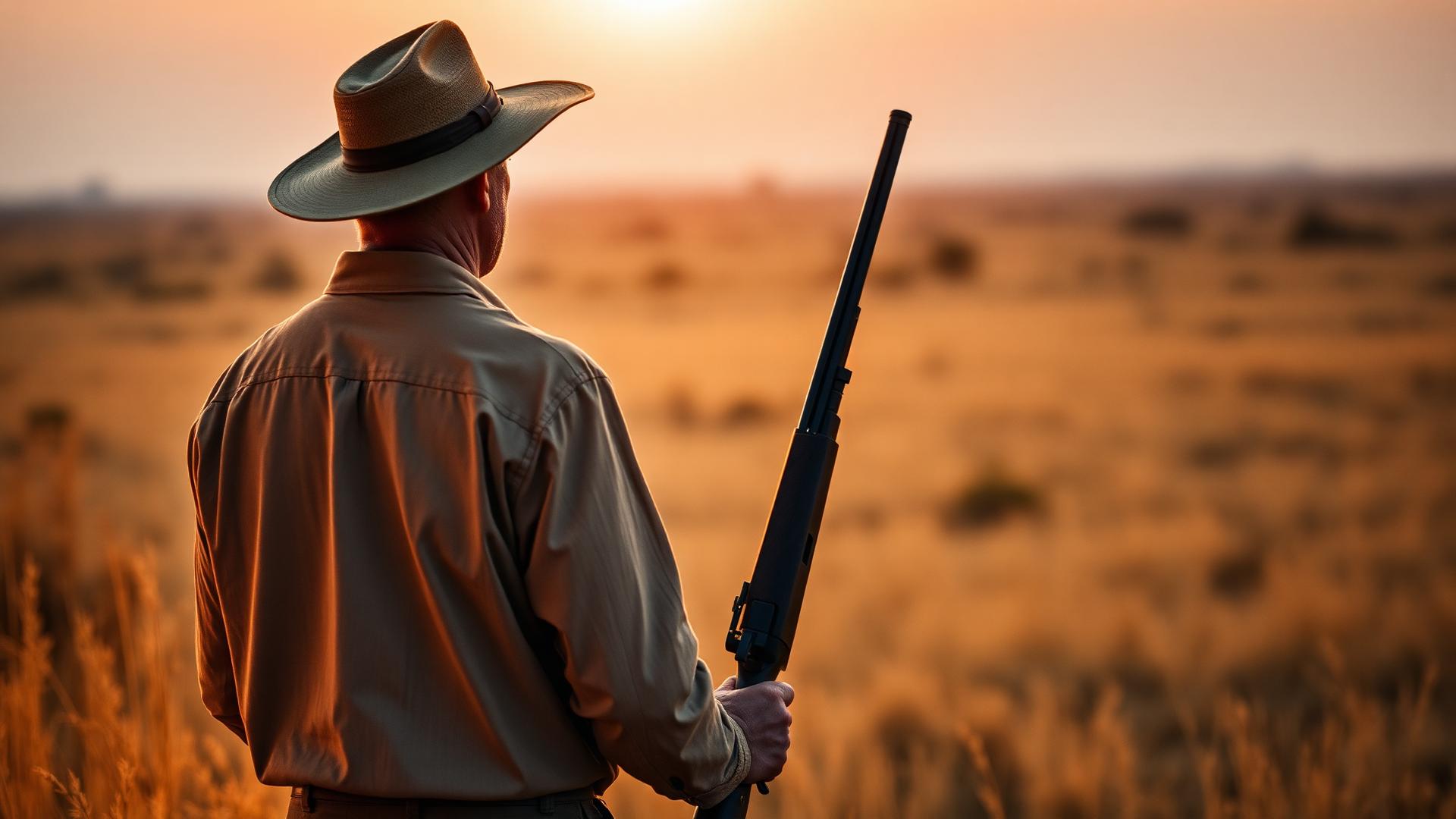 South African hunter in the bushveld at golden hour with a hunting rifle