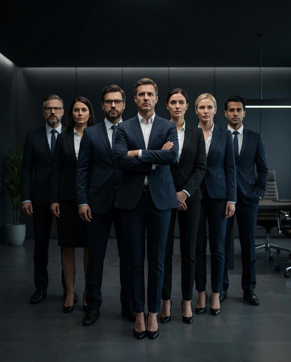 Professional legal team standing together in a modern office